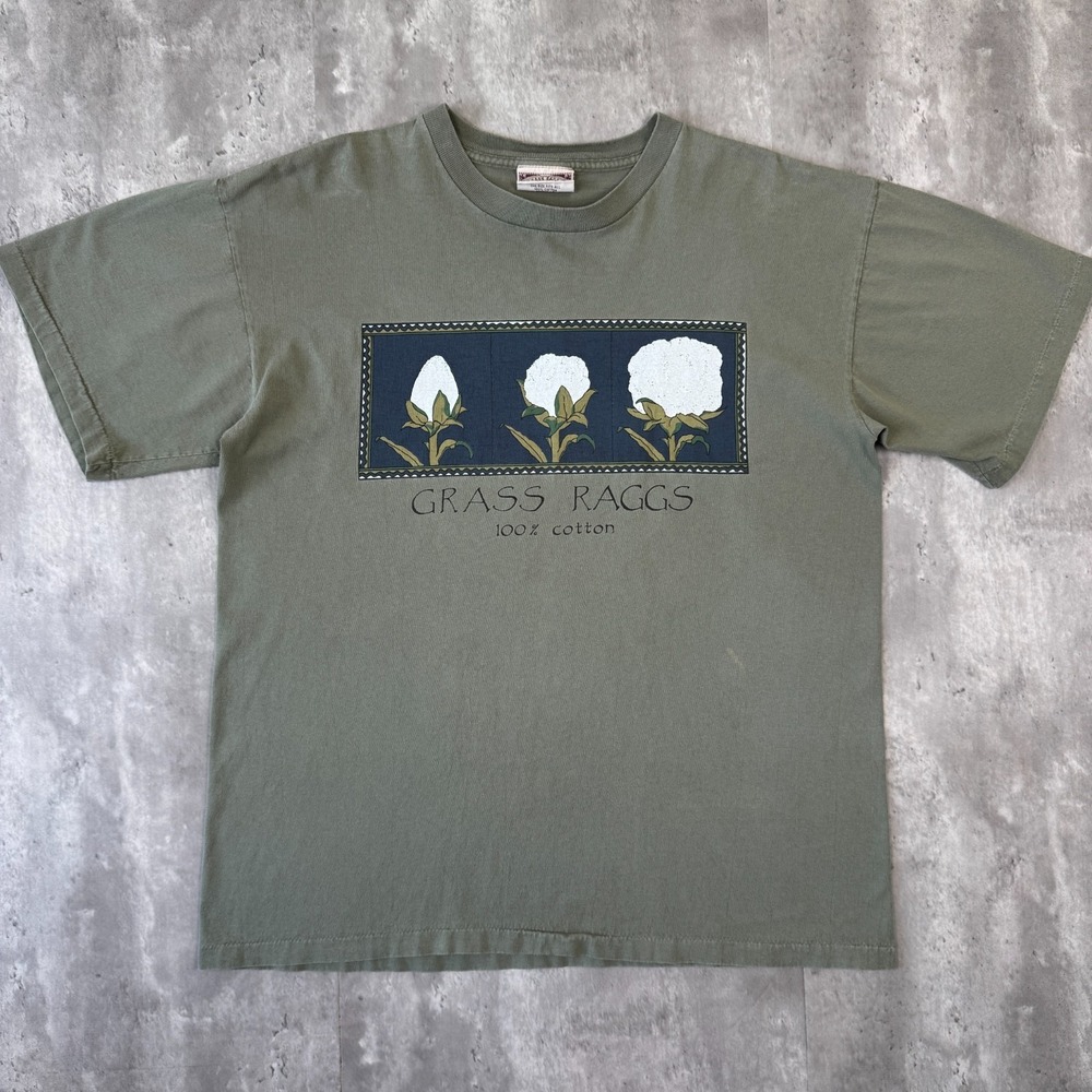 Vintage Grass Raggs Cotton Flower T-Shirt Mens XL Olive Green Made USA Graphic
